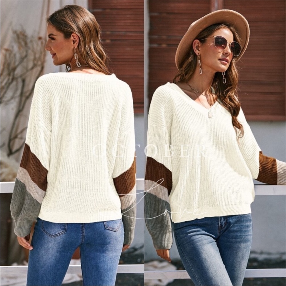 Soft💥Sweater-winter-white w/multi-colored stripesB27S - Picture 2 of 4